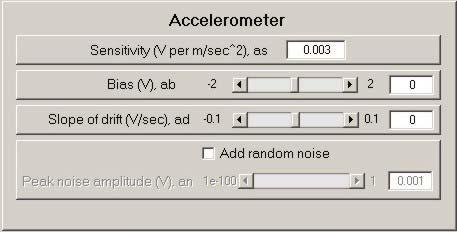 Fig. 12. Controls for setting the properties of the accelerometer. The user can set the sensitivity of the accelerometer, in V per m/s 2.
