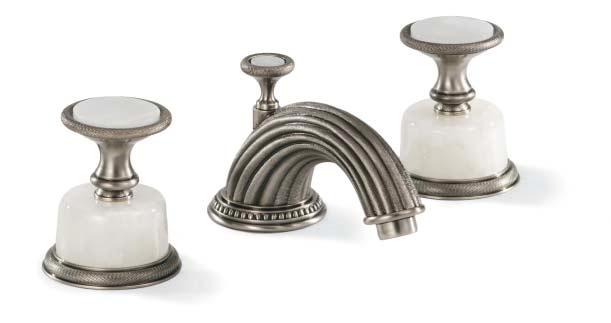 White Onyx Knob shown with C Spout in Antique Pewter R ose Quartz Lever shown with B Spout in Gold Plate Basin