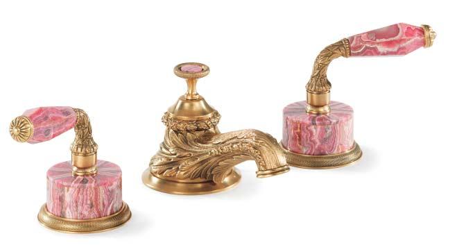Stone Basin Sets Rhodochrosite Lever shown with B Spout in Antique Gold Blue Tiger Eye Lever shown