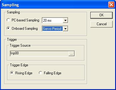 14. Select SAMPLING and configure the scope for Controller-based sampling: a. Select Onboard Sampling b. Select Servo Period c. Click on under Trigger Source d.