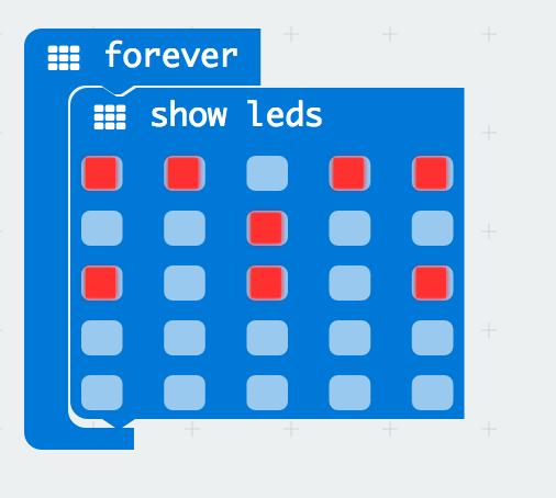 To turn this static image into an animation we need another show leds block to place just under the first block. You can then make a second drawing with this set of rectangles.