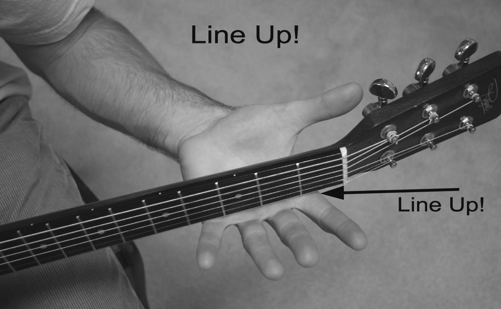 Hold your hand open directly under the neck around the 3rd fret keeping your wrist straight and your