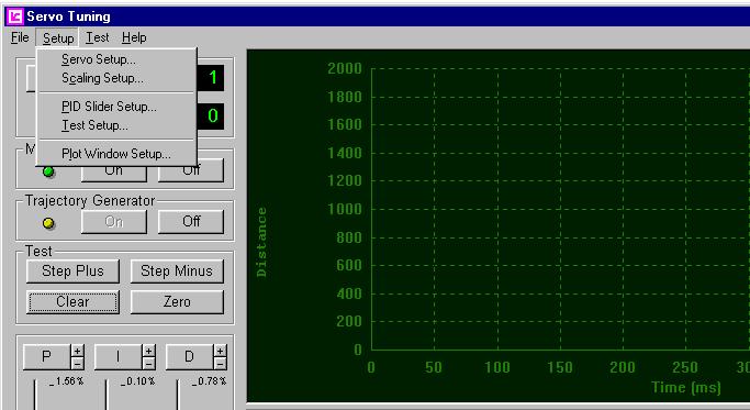 Servo Tuning Program Setup Menu Options Set and edit servo settings (PID, Vel/Accel/Decel, Trapezoidal/S-curve, Limits, Phasing, etc.