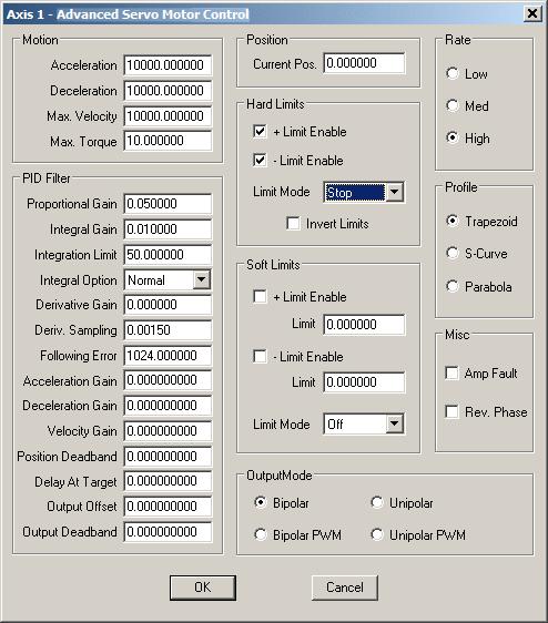 Step #4 Set initial PID values Open the Servo Setup Dialog Box and set these initial PID parameters: Proportional gain = 0.05 Derivative gain = 0.0 Derivative Sampling Period = 0.