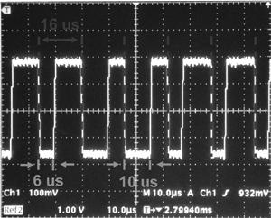 Figure 10. Data received from reader 2. The long 10 microsecond pulse represents a one, while the shorter 6 microsecond pulse represents a zero.