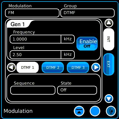 Generator Modulation Modes DTMF Group DTMF Modulation Analog NONE FM AM INT/EXT Configure a constant tone modulation source. External modulation source may be used.