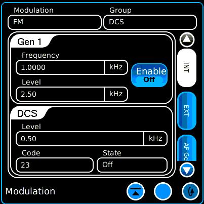 Generator Modulation Modes DCS Group DCS Modulation Analog NONE FM AM INT/EXT Configure a constant tone modulation source. External modulation source may be used.