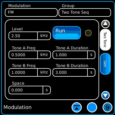 Generator Modulation Modes Two Tone, Tone Remote and Tone Sequence Modulation Analog NONE FM AM Group Two Tone Sequential Control Tone A and Tone B frequency, duration and spacing Tone Remote