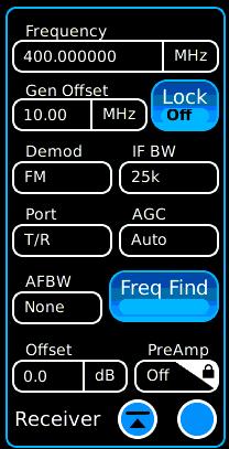 Receivers Menu Receiver Tile and Controls (Maximized) AGC (I) (B) Auto/Manual (A) AFBW (Demod Audio BW Filter) (J) LP Filters: 300 Hz, 3 khz, 5 khz, 15 khz (C) (F) (H) (D) (E) (G) (I) HP Filters: 20