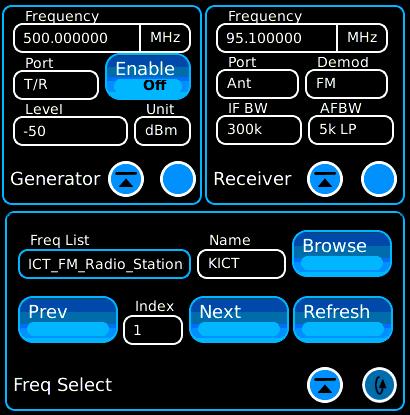 Receiver Menu Receiver Frequency Select The Frequency Select tile can be used to access a stored frequency list. The list controls the RF Generator and RF Receiver frequencies.