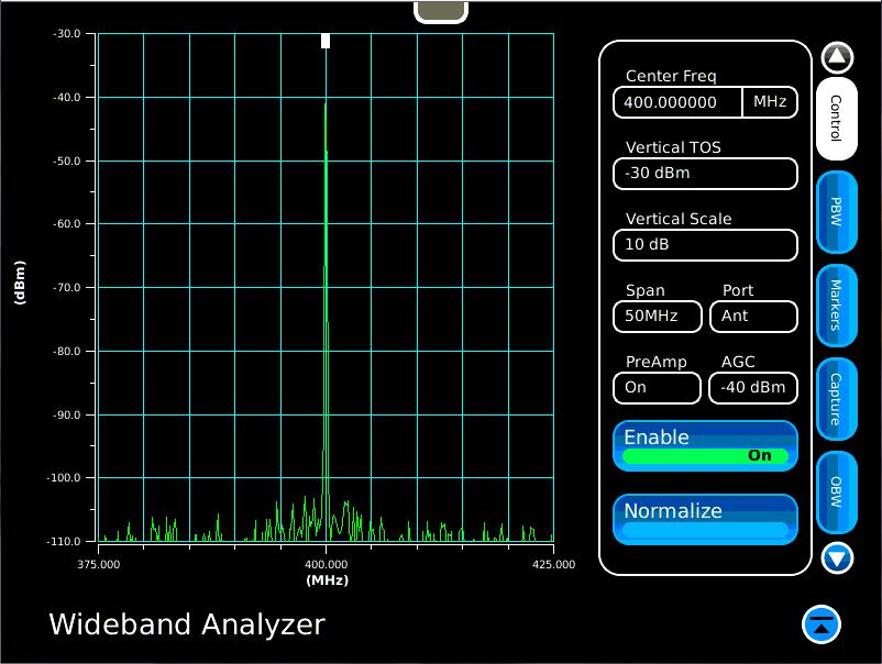 Analyzers Menu Wideband Analyzer The Wideband Analyzer offers all of the same controls as the CH Analyzer with the following exceptions: The Wideband Analyzer offers spans up to 50 MHz.