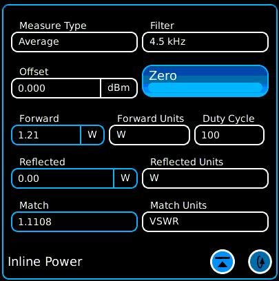 Meters Menu Inline Power Meter Option 012 The Inline Power Meter (Option 012) is an unterminated thru-line power meter with an input for a transmit signal and an output to an external load.