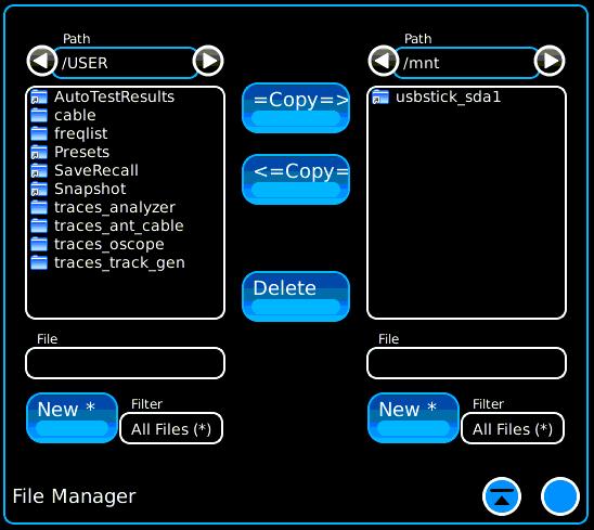 Utilities File Manager The File Manager allows the ability to transfer files from the 8800SX storage directories to a USB memory stick.