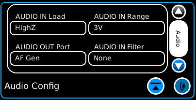 Config Audio The Audio Configuration Tile is used to configure Audio Routing, Input Range and Filtering. Audio Tab Audio IN Load: High Z, 150 Ohm, 600 Ohm or 1 k Ohm internal load selections.