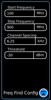 Config Frequency Find The Frequency Find Configuration Tile allows configuration of the frequency search parameters.
