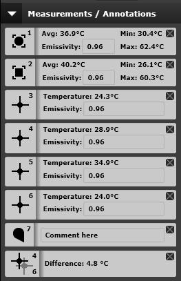 Temperature cursors and marks can be individually selected and deleted from the measurement bar by clicking on the top right