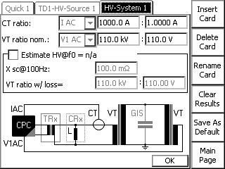 As soon as you enter the VT ratio CPC 100 will directly display the actual test voltage. If there is no second VT accessible for the HV measurement, CPC 100 can determine the test voltage.