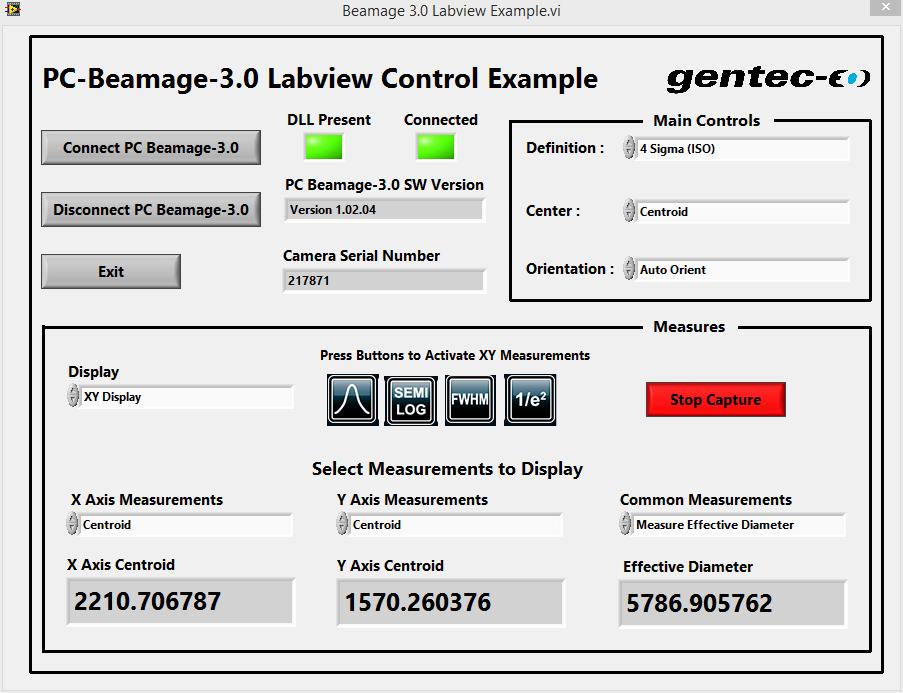 BeamPro 3.0 Series User Manual Revision 9.0 65 7.1.7. The Example VI. The VIs have all been used to create an example software. The front panel of this example is shown below. Figure 7-1 - BeamPro 3.