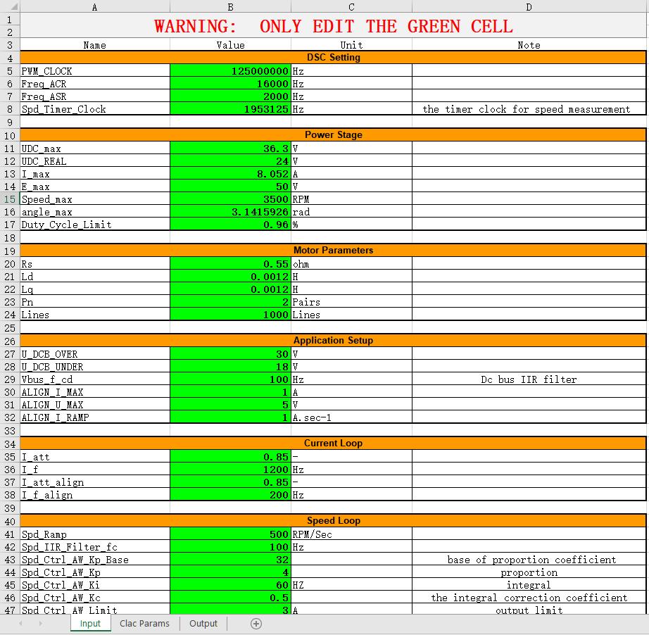 Demo operation Open the input page of M1 Parameter Calculation.xlsx file. As shown in the Figure 11, all the parameters in green cell are available to be modified to match the actual applications.