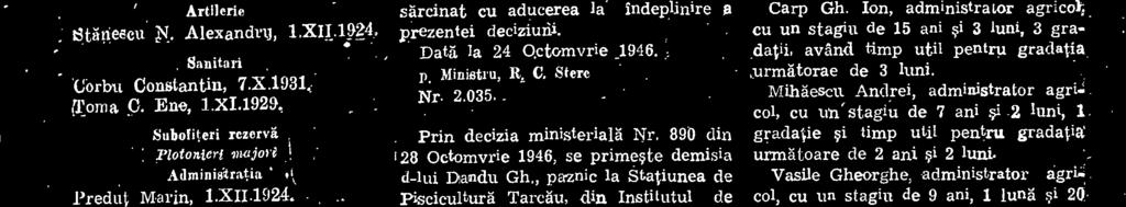 059 din 30 Octomvrie 1946, administratorilor i agentilor agricoli de mai jos, li se stabilesc gradatiile, meir tionate in dreptul fiecartria, pe data de 1 Aprilie