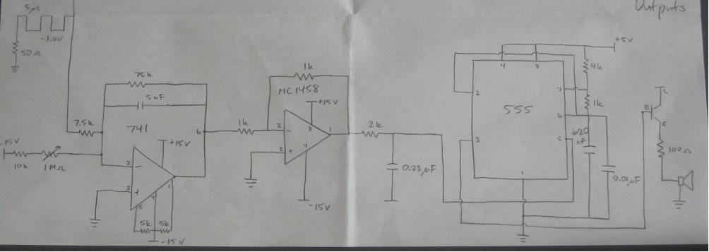 Figure 2: Schematic lower half Schematic: Lower Half Integrator An integrator is used in order to take the input voltage and convert them into a frequency dependent output voltage.