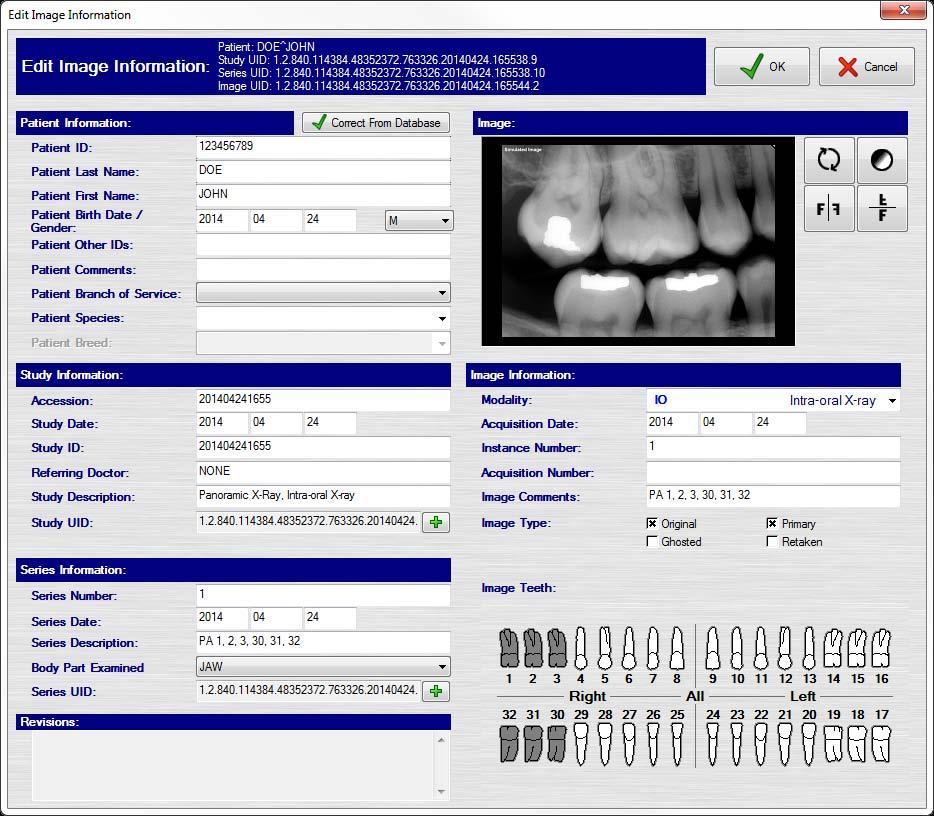2. Click Image Operations 3. Select Edit Image Information 4. The Edit Image Information interface, seen below, will appear, allowing the modification of Patient, Study, Series, and Image information.