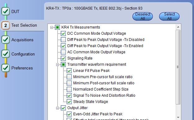 Compliance and Characterization Solution KR4/CR4 Measurement Selection The Setup and test execution is simple with the 100G-TXE software.