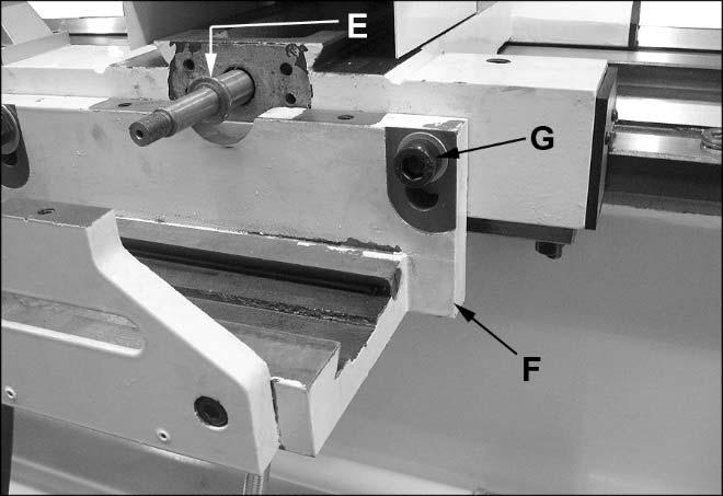 Remove splash guard from lathe. Figure 4 9. Center feed block (H) onto leadscrew, and install positioning plate (I).