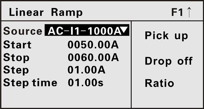 Linear ramp Select output phase from the menu: AC-I1-1000A, AC-I1-50A,, AC-U1, UDC Set variable, start value, stop value, step and step time. Press the Run button to start output, shown as figure.