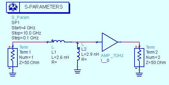 12. Impedance and Gain with a Matching Network a. Go back to the SP_amp schematic and add a lumped series L = 2.6 nh, and a shunt L = 2.9 nh as shown here.