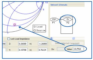 f. In the lower right corner of the Smith Chart utility window, select the ZL component and type in the approximate impedance looking into the