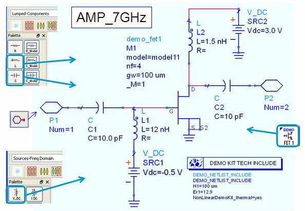 3. Build the FET amplifier schematic and symbol a. Build the amplifier design shown here this should take a few minutes following the steps below: Create a new schematic and name the cell: AMP_7GHz.