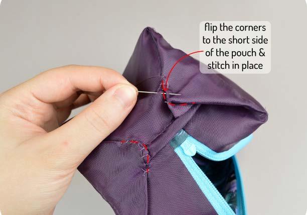 To keep those little flaps 15 from moving all over the place, stitch them to the inside of your pouch by folding them down across the short ends of the