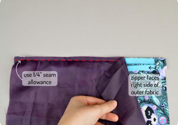 To install the zipper, sandwich it between one short side of the outer pouch piece and lining piece.