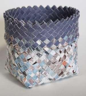 10/13) Paper Container with layered rim. Done in 1/4 weavers. Size 4.5 x 3.
