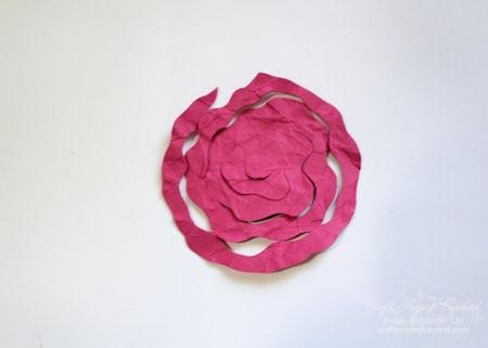 Cut the circle into a spiral. Step 12 Step 13 Starting from the outside begin rolling up the rose, rolling it tightly. Once it is all rolled up, let it go so that the rose can loosen up.