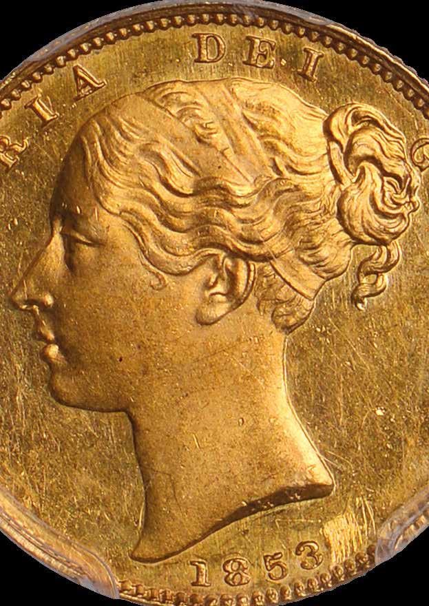 56 Victoria, proof sovereign, 1853, young head l., WW incuse, rev.