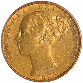 73 74 75 73 Victoria, sovereign, 1861, young head l., rev. crowned shield of arms within wreath (S.3852D), certified and graded by PCGS as Mint State 63+ 800-1000 Struck like a proof.