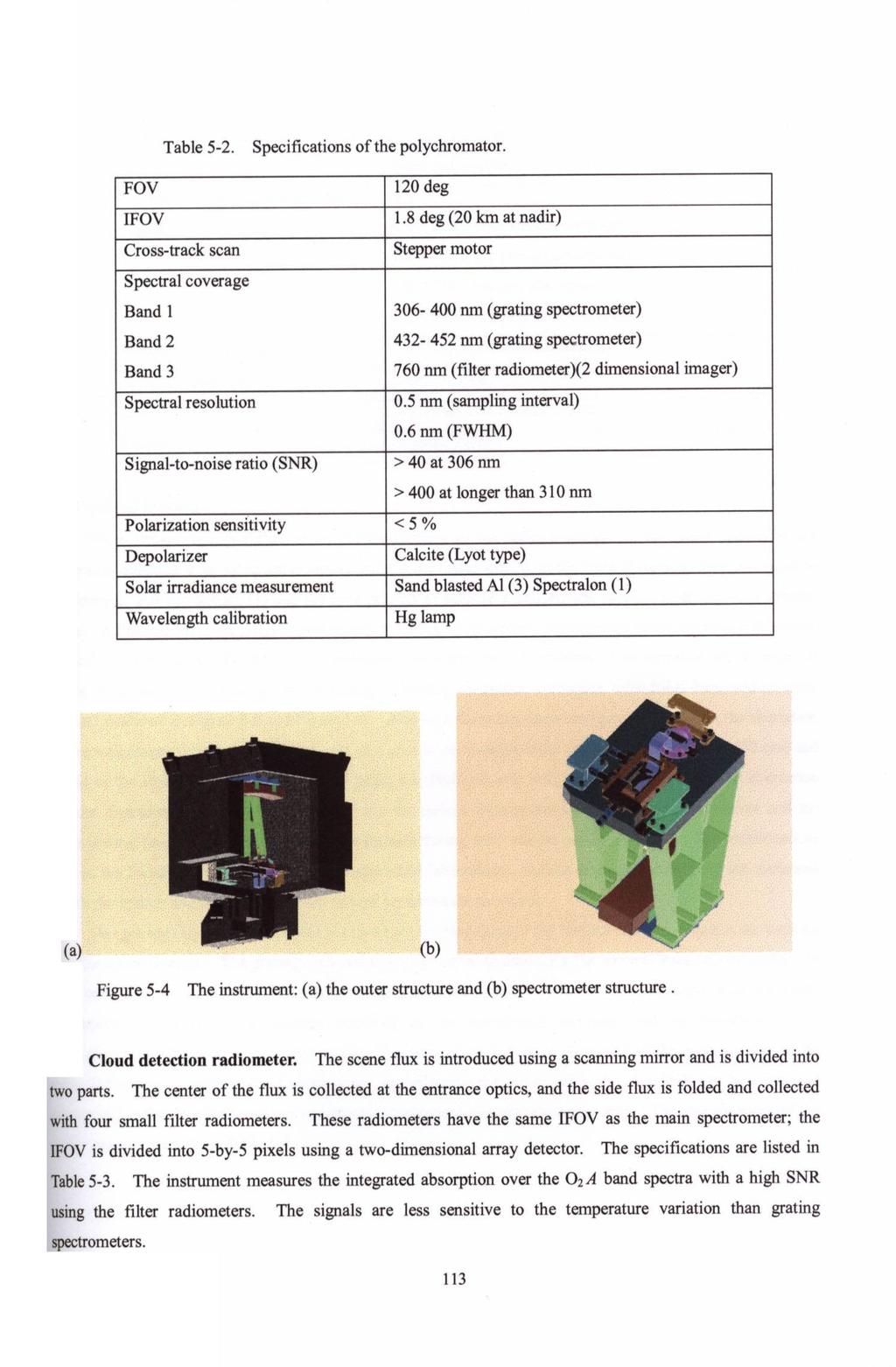 Table 5-2. Specifications of the polychromator. Figure 5-4 The instrument:(a) the outer structure and (b) spectrometer structure. Cloud detection radiometer.