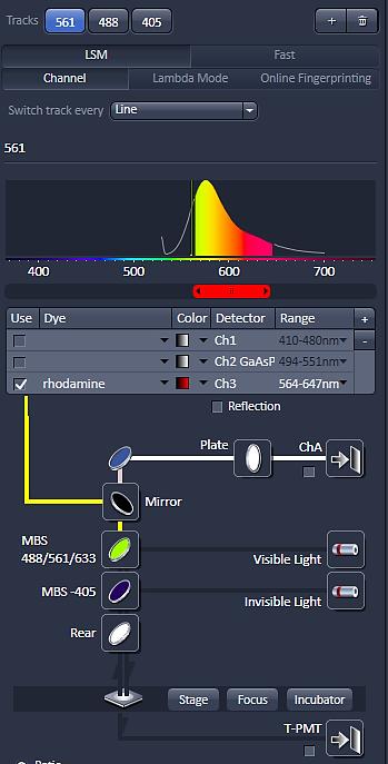 LIGTH PATH CONFIGURATION (THIS IS FOR EDUCATION ONLY): Currently selected imaging track (561) Delete current track Graphical representation of the activated laser lines (vertical line(s)),