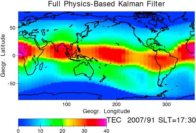 Figure 3. Example of a TEC map obtained from our Full Physics-Based Kalman filter model for 1 April 2007. The TEC values are given in TECU and shown for a fixed solar local time (SLT is 1730).
