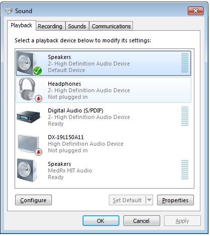 Click Audio Properties. In Windows Sound control panel, make sure the MedRx Audio Device is not set as default.