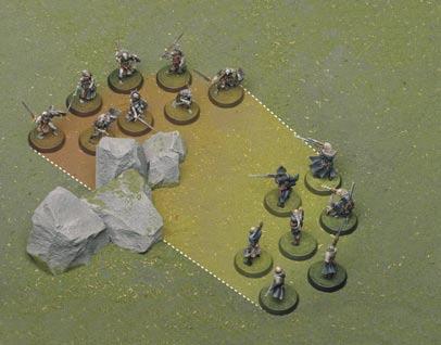 If any kind of obstacle (terrain or miniature) stands between the unit of marksmen and the unit targeted, there is interference: the difficulty of the ranged attack is increased by two points.