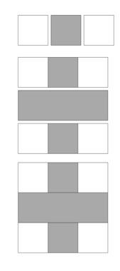 Make the blocks: Stitch a white 2 ½ square to each side of a grey 2 ½ square to make a unit. Make two of these units.