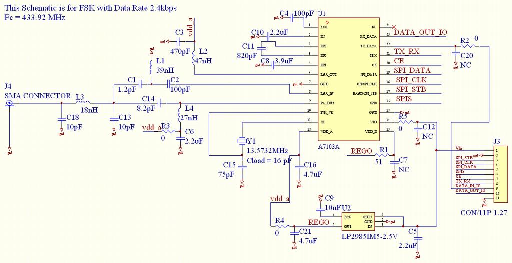 10. Application Circuit C8, C10, C11 are adjustable for different data rate. R2 and C20 are ok to be ignored. C15 = 0 for ASK C15 = 75pF for FSK Figure 10 Typical 433.