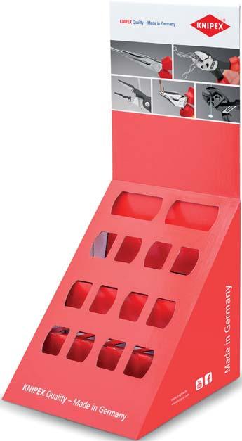 Universal counter display empty > For 8 KNIPEX pliers up to 2 in length, model 02 / 05 / 06 > Display of high-quality cardboard with high gloss print > Delivered empty and folded > Display available