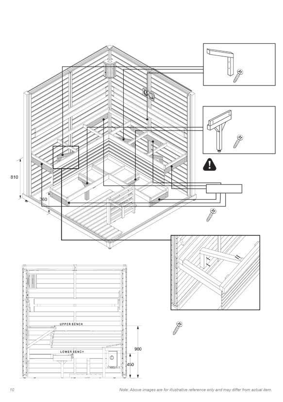 Interior Furnishes Assembly (Bench Support) *For Big Sauna Rooms Attach Bench Support at suggested height.