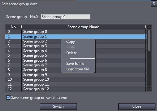 2 Basic Operations 2-5-6 Managing Scene Groups Right-clicking a target scene group in the scene group list in the scene group editing window displays the following menu.