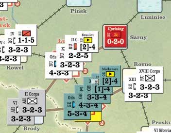 38 Illusions of Glory CP Round 1: CP makes a 1 OPS Cardless Play (8.2.e) and puts an RU Uprising Unit in Sarny as a diversion and a threat to the Lutsk supply line.