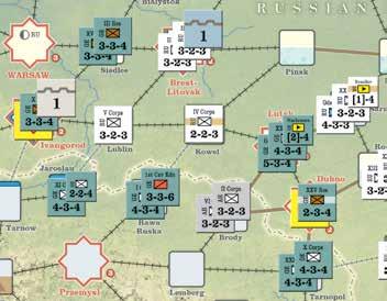 CP plays Feuerwalze as a Combat Card for its attack on Lutsk and rolls a 2 for its offensive fire on the 10-12 Column of the Heavy Fire Table, with a +3 DRM (+2 DRM for Mackensen HQ and +1 for GE Hvy